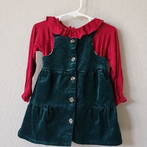 Chelsea and Violet Red Long Sleeve Top with Forest Green Corduroy Pinafore Dress